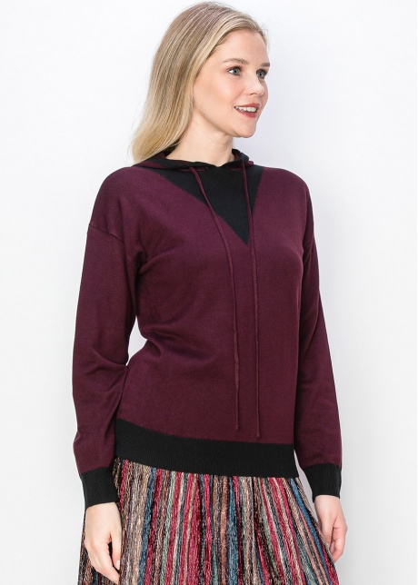 Burgundy Knit Hoodie with Black Accent