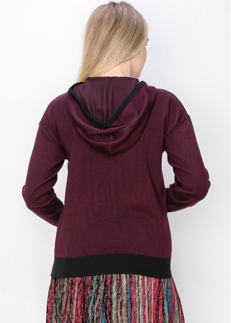 Burgundy Knit Hoodie with Black Accent