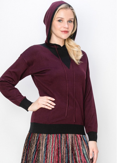 Burgundy Knit Hoodie with Black Accent