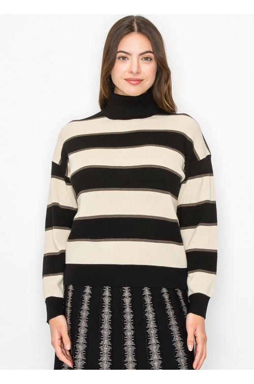 Black and Cream Striped Pullover with Turtleneck