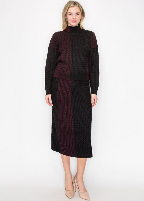 Burgundy and Black Colorblock Cable Knit Sweater