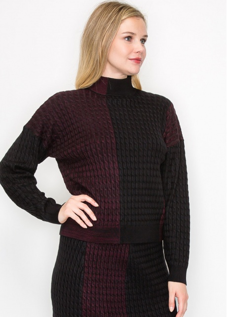 Burgundy and Black Colorblock Cable Knit Sweater