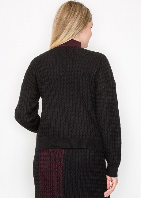 Burgundy and Black Colorblock Cable Knit Sweater