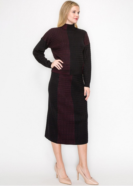 Burgundy and Black Colorblock Cable Knit Sweater