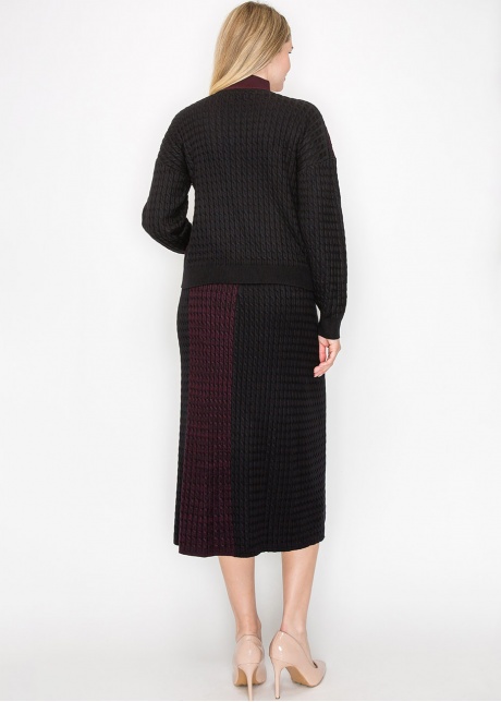 Burgundy and Black Colorblock Cable Knit Sweater