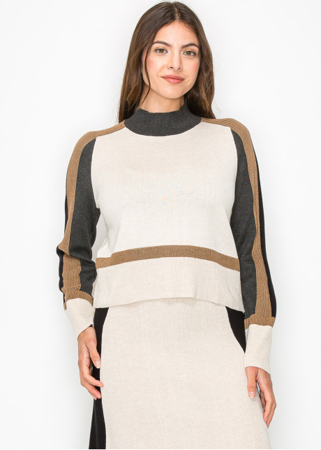 High Neck Cream and Brown Knit Sweater