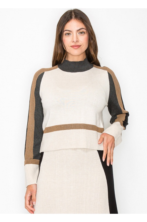 High Neck Cream and Brown Knit Sweater