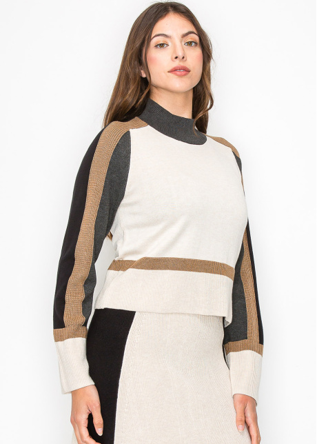 High Neck Cream and Brown Knit Sweater