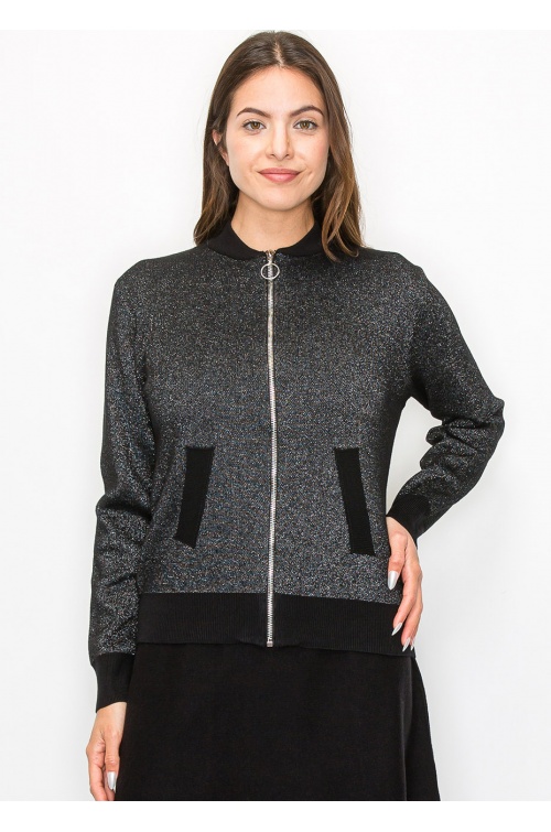 Metallic Silver Knit Bomber Jacket