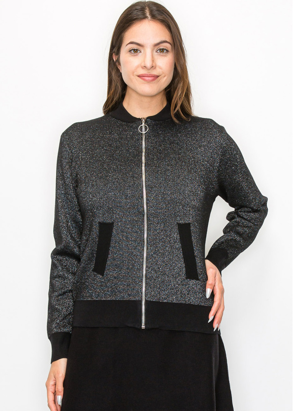 Metallic Silver Knit Bomber Jacket