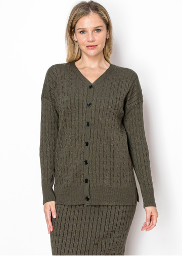 Olive Cable Knit Button-Down Cardigan