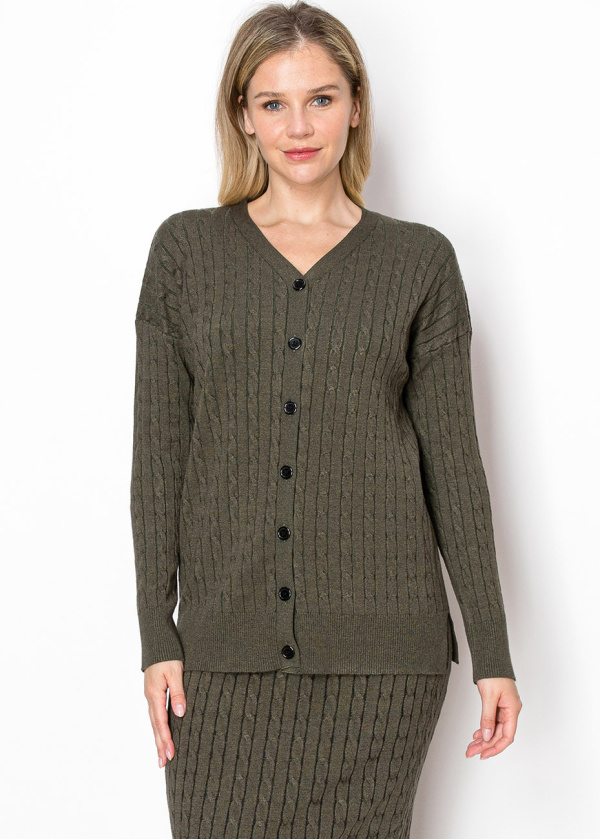 Olive Cable Knit Button-Down Cardigan