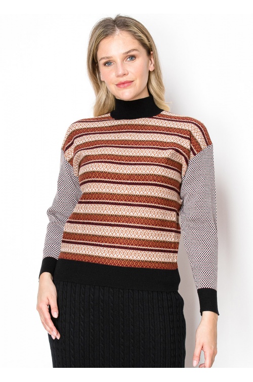 Multi-Pattern Rust and Black Sweater