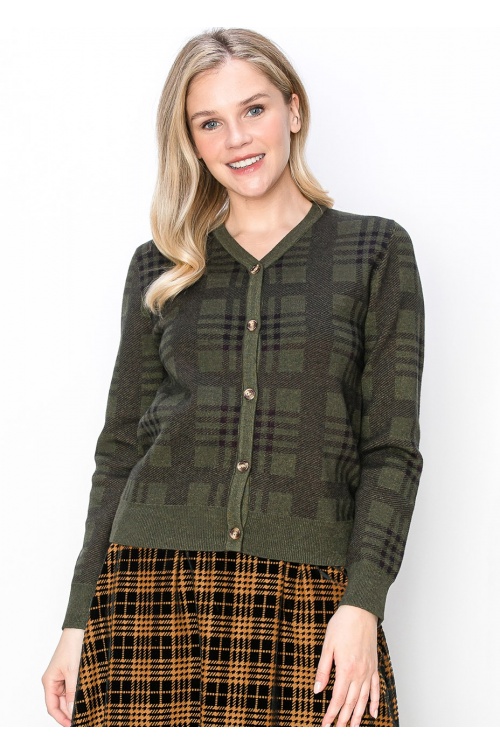 Classic Olive Plaid Cardigan