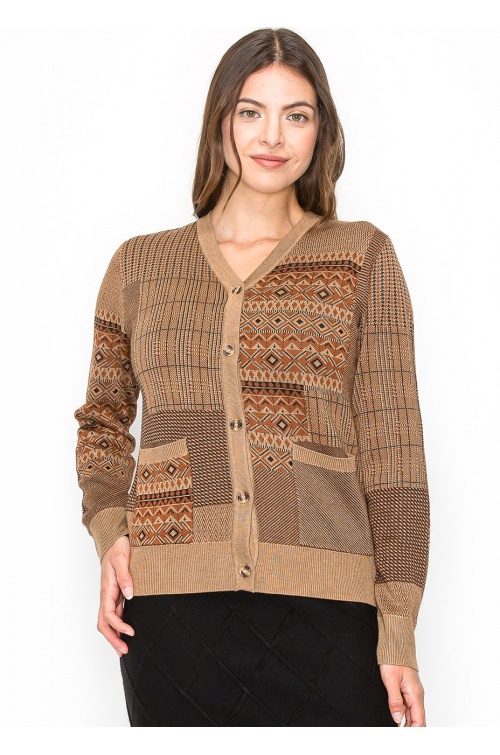 Camel Patchwork Button Cardigan