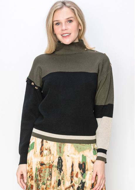 Olive and Black Button-Detail Sweater