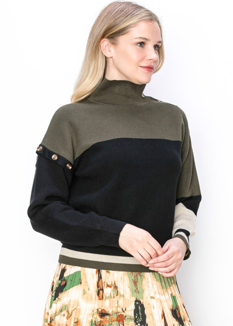 Olive and Black Button-Detail Sweater