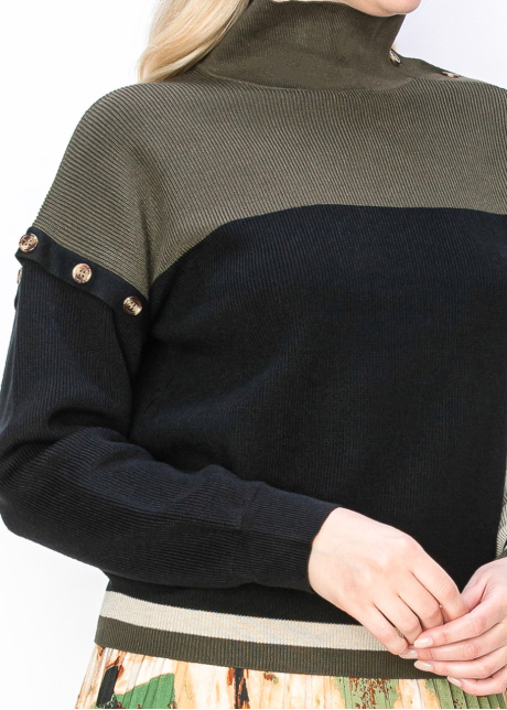 Olive and Black Button-Detail Sweater