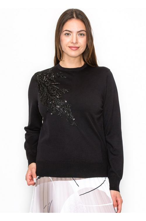 Embellished Black Knit Pullover