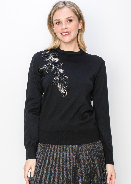 Leaf Embellished Black Knit Sweater
