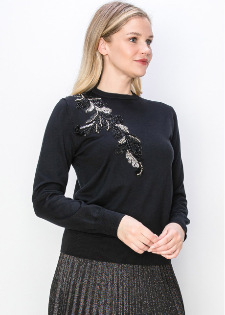 Leaf Embellished Black Knit Sweater