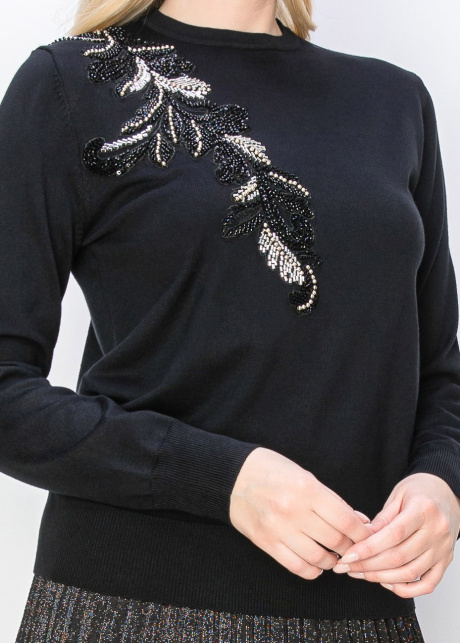 Leaf Embellished Black Knit Sweater