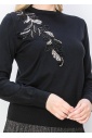 Leaf Embellished Black Knit Sweater