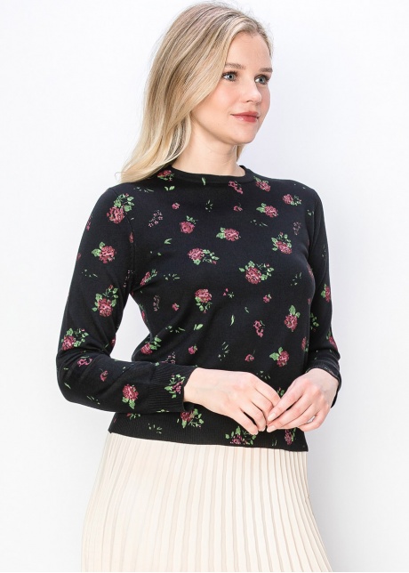 Pink Rose-Patterned Black Sweater