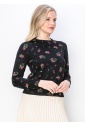 Pink Rose-Patterned Black Sweater