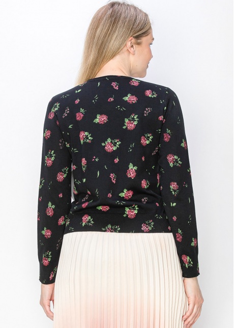 Pink Rose-Patterned Black Sweater