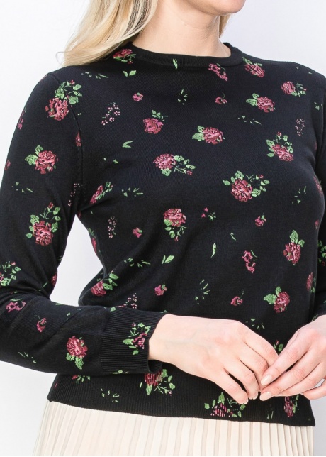 Pink Rose-Patterned Black Sweater