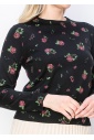 Pink Rose-Patterned Black Sweater