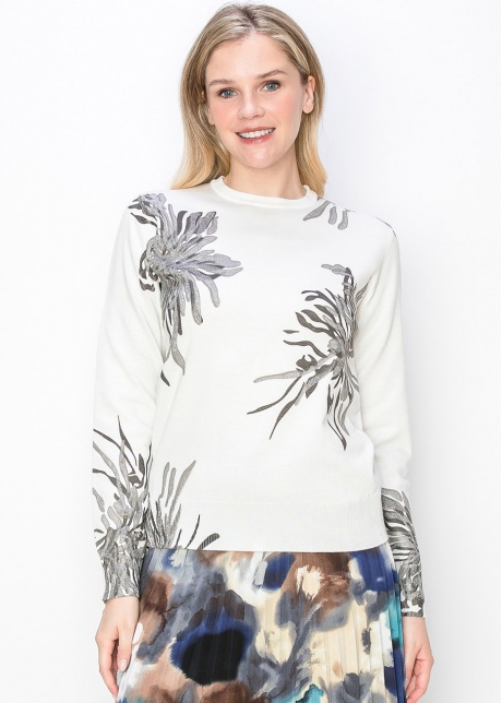 White and Silver Floral Sweater