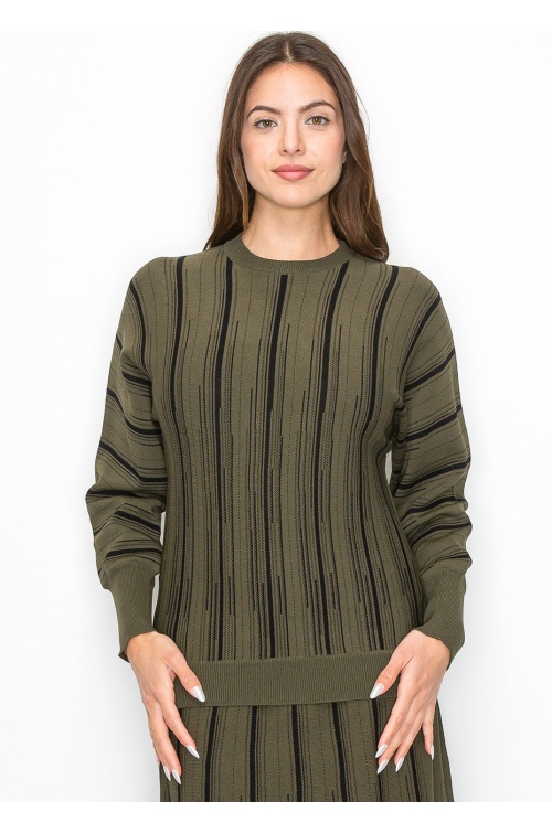 Olive Knit Sweater with Vertical Stripes