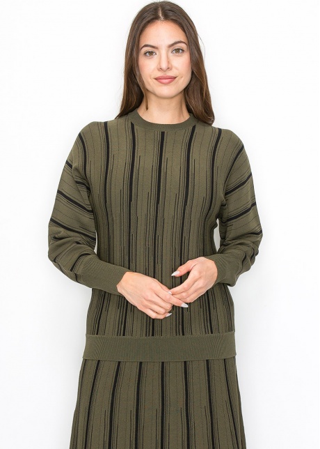 Olive Knit Sweater with Vertical Stripes