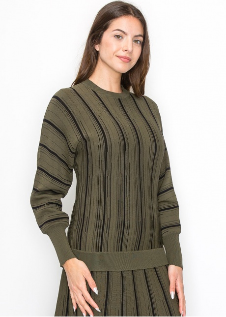 Olive Knit Sweater with Vertical Stripes