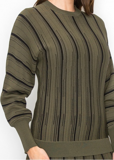 Olive Knit Sweater with Vertical Stripes