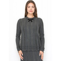 Grey Ribbed Knit Top with Bow Detail