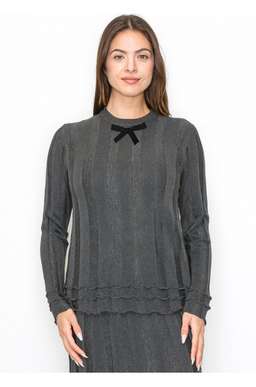 Grey Ribbed Knit Top with Bow Detail