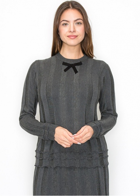 Grey Ribbed Knit Top with Bow Detail