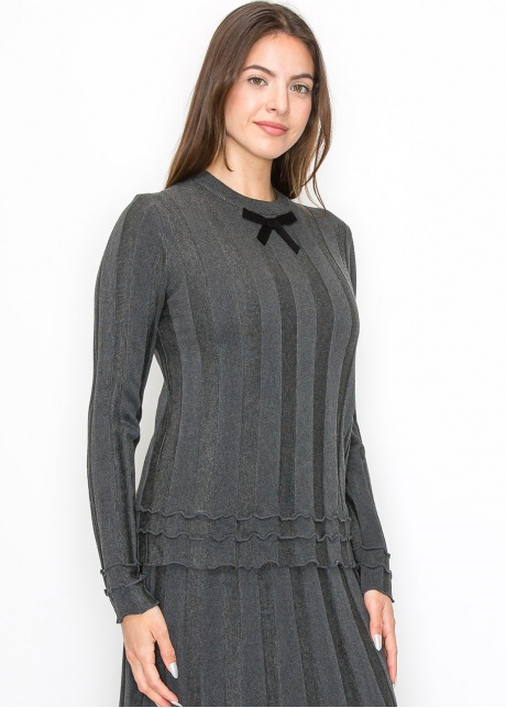 Grey Ribbed Knit Top with Bow Detail