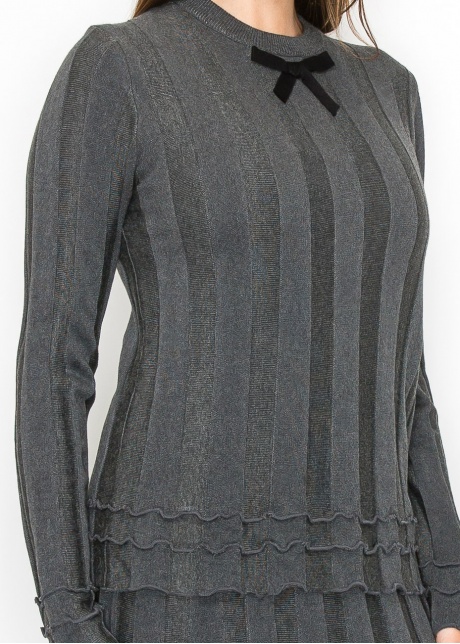 Grey Ribbed Knit Top with Bow Detail