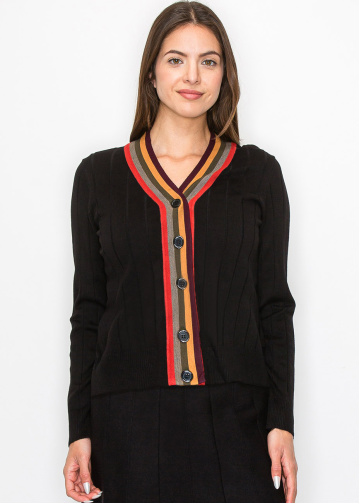 Black V-Neck Cardigan with Colorful Stripes