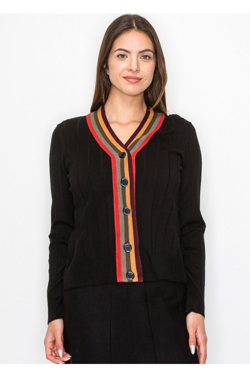 Black V-Neck Cardigan with Colorful Stripes