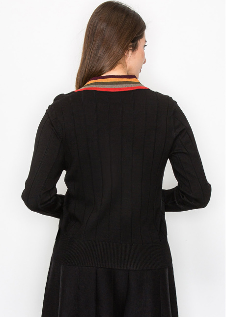 Black V-Neck Cardigan with Colorful Stripes