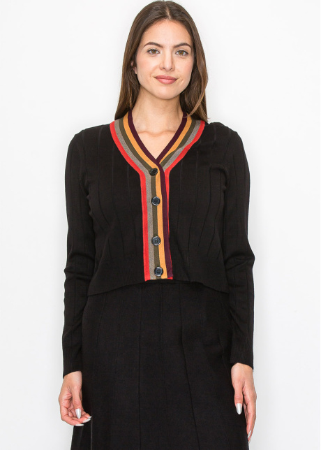 Black Ribbed Cardigan with Striped V-Neck