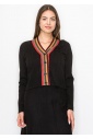 Black Ribbed Cardigan with Striped V-Neck