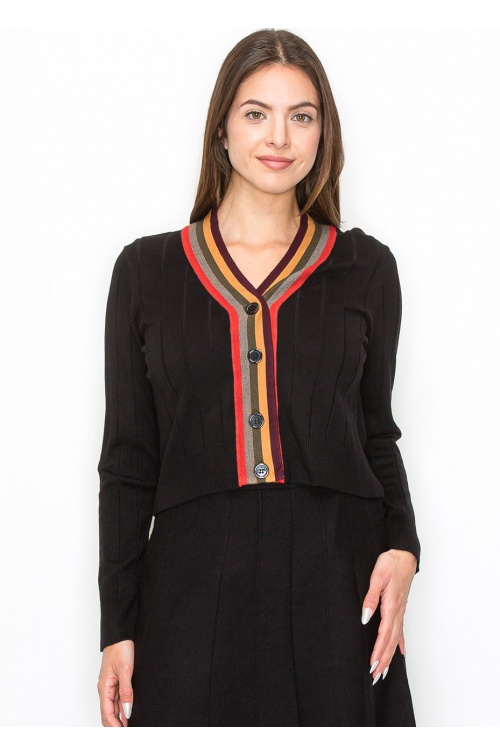 Black Ribbed Cardigan with Striped V-Neck