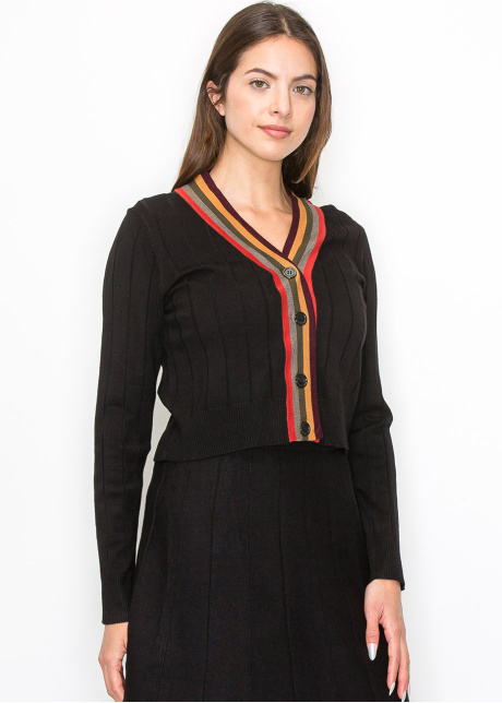 Black Ribbed Cardigan with Striped V-Neck