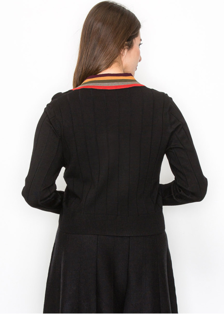 Black Ribbed Cardigan with Striped V-Neck